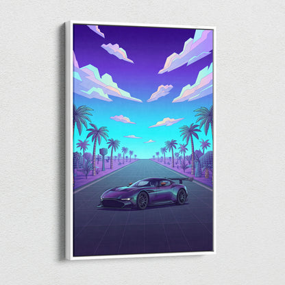 Aston Martin Vulcan Inspired Black Purple Canvas Wall Art Vaporwave Hypercar Artwork Neon Palm Road Garage Decor Retro Futuristic Sunset Print