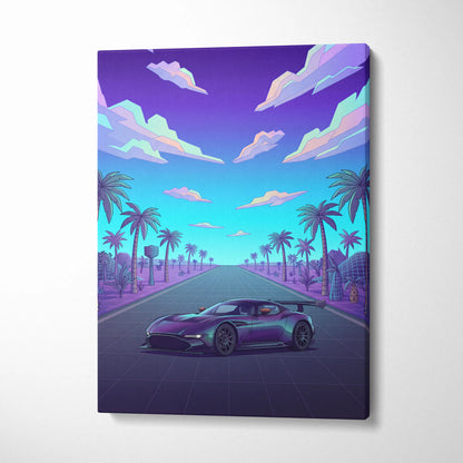 Aston Martin Vulcan Inspired Black Purple Canvas Wall Art Vaporwave Hypercar Artwork Neon Palm Road Garage Decor Retro Futuristic Sunset Print