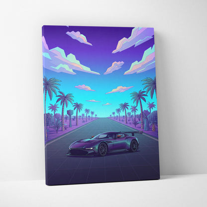 Aston Martin Vulcan Inspired Black Purple Canvas Wall Art Vaporwave Hypercar Artwork Neon Palm Road Garage Decor Retro Futuristic Sunset Print