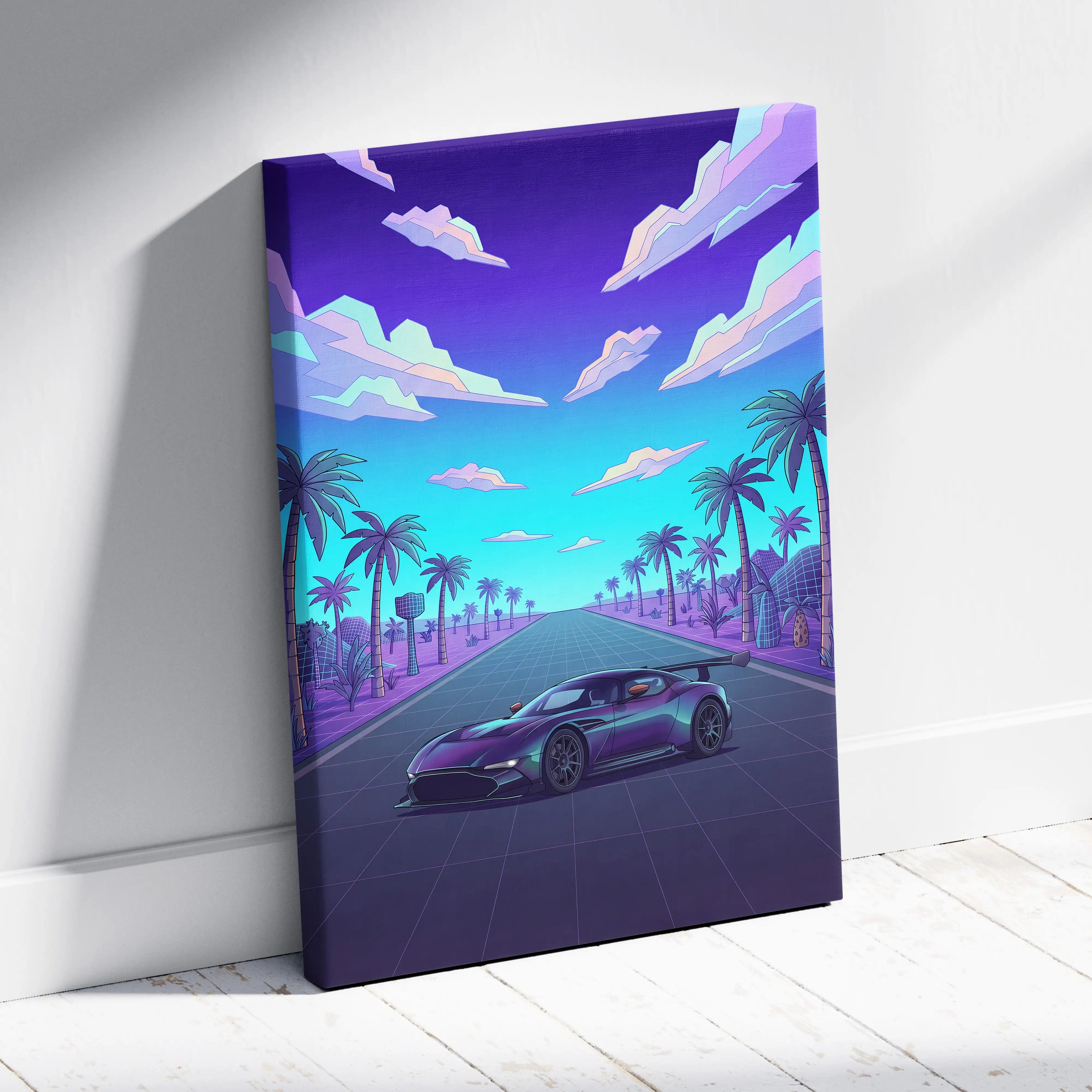 Aston Martin Vulcan Inspired Black Purple Canvas Wall Art Vaporwave Hypercar Artwork Neon Palm Road Garage Decor Retro Futuristic Sunset Print