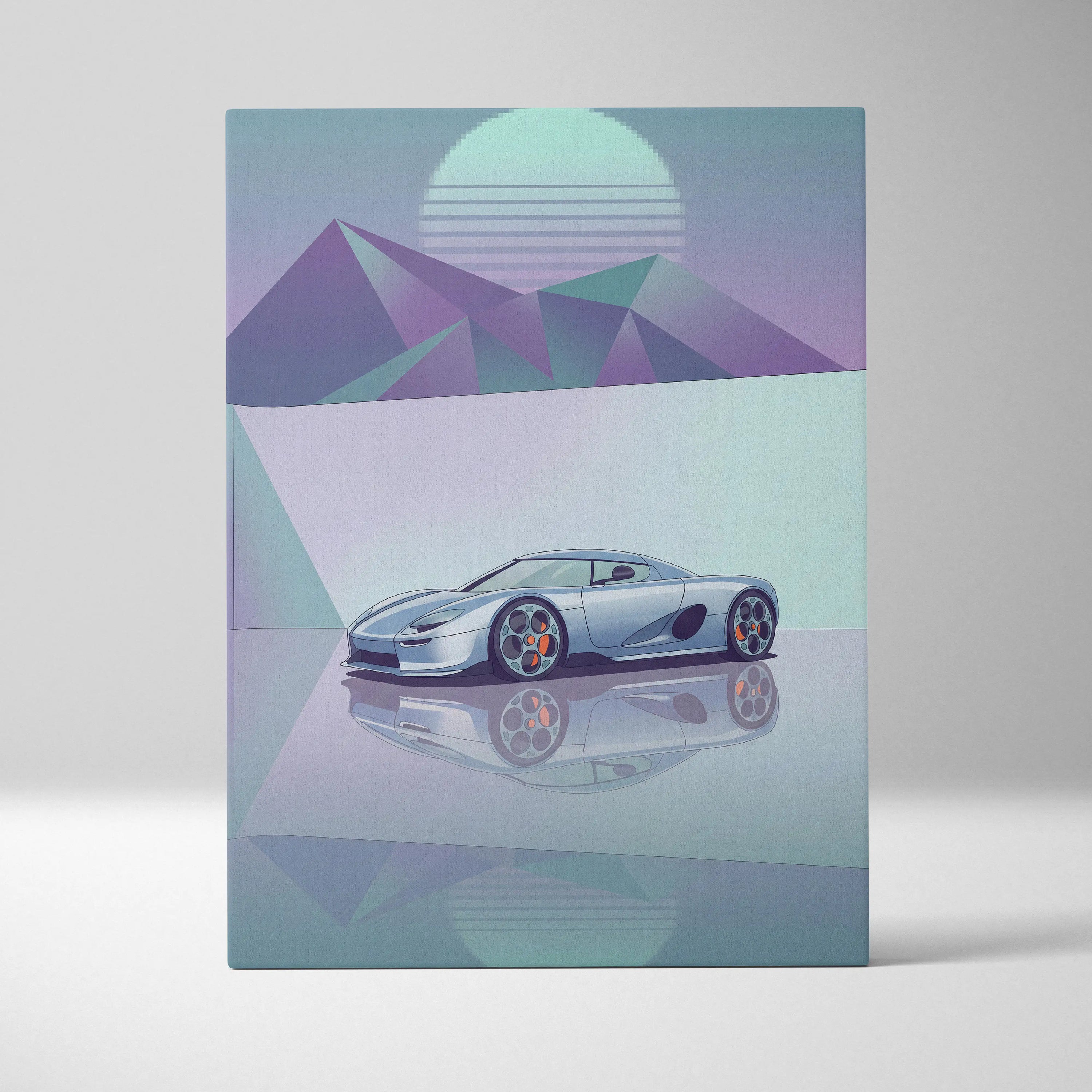 Koenigsegg CCX Inspired Silver Teal Canvas Wall Art Vaporwave Hypercar Artwork Minimal Neon Desert Garage Decor Retro Futuristic Sunset Print