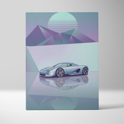 Koenigsegg CCX Inspired Silver Teal Canvas Wall Art Vaporwave Hypercar Artwork Minimal Neon Desert Garage Decor Retro Futuristic Sunset Print