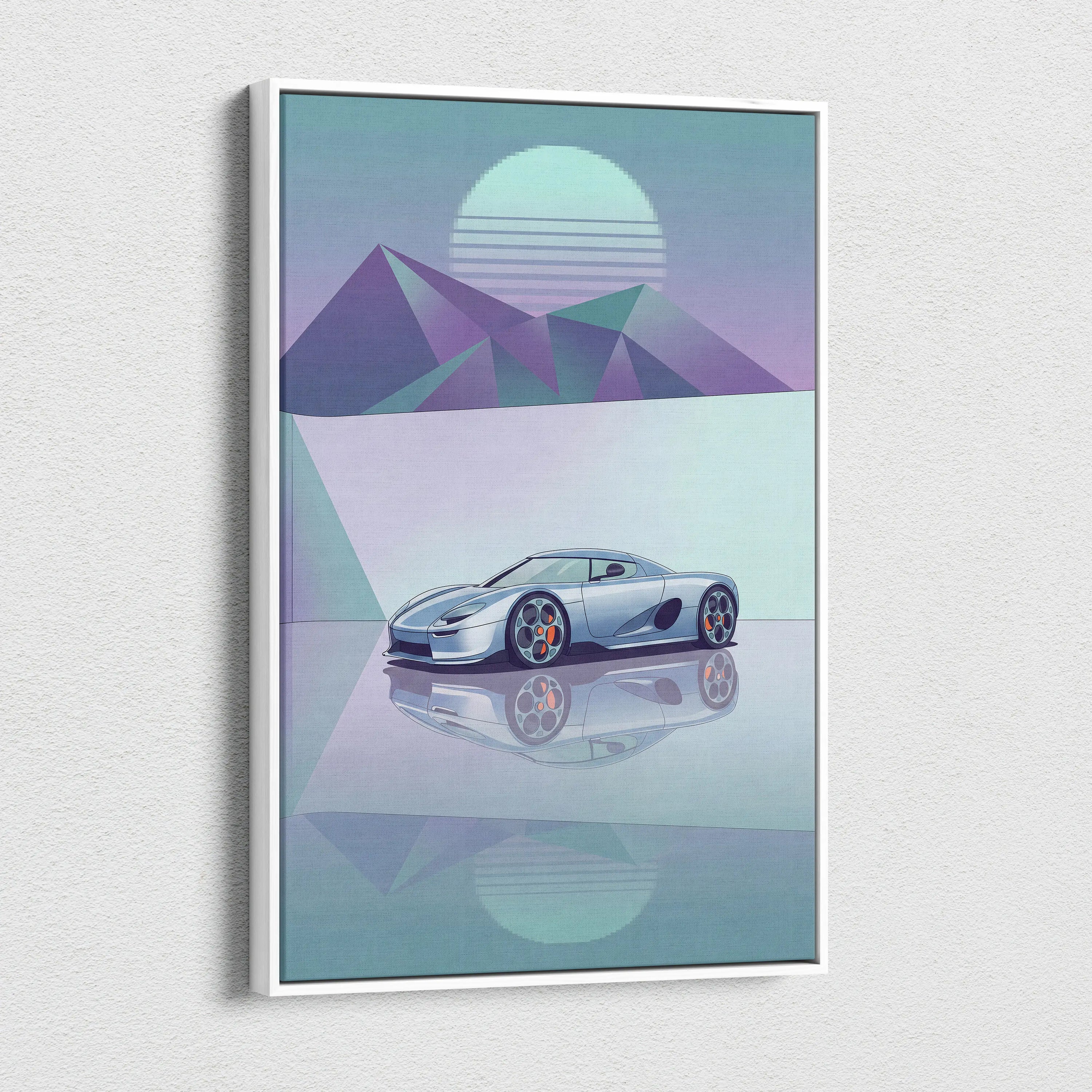 Koenigsegg CCX Inspired Silver Teal Canvas Wall Art Vaporwave Hypercar Artwork Minimal Neon Desert Garage Decor Retro Futuristic Sunset Print