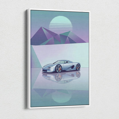 Koenigsegg CCX Inspired Silver Teal Canvas Wall Art Vaporwave Hypercar Artwork Minimal Neon Desert Garage Decor Retro Futuristic Sunset Print