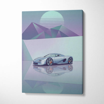 Koenigsegg CCX Inspired Silver Teal Canvas Wall Art Vaporwave Hypercar Artwork Minimal Neon Desert Garage Decor Retro Futuristic Sunset Print