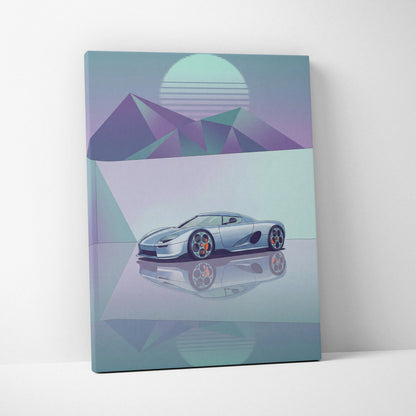 Koenigsegg CCX Inspired Silver Teal Canvas Wall Art Vaporwave Hypercar Artwork Minimal Neon Desert Garage Decor Retro Futuristic Sunset Print