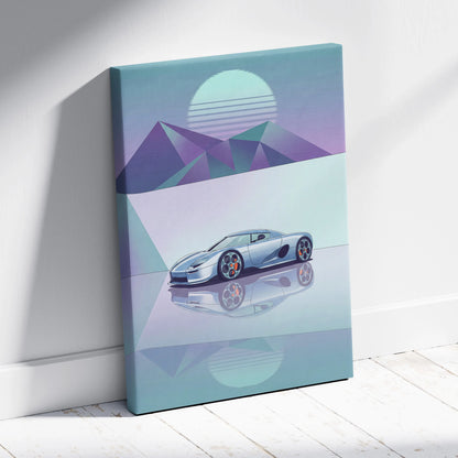 Koenigsegg CCX Inspired Silver Teal Canvas Wall Art Vaporwave Hypercar Artwork Minimal Neon Desert Garage Decor Retro Futuristic Sunset Print