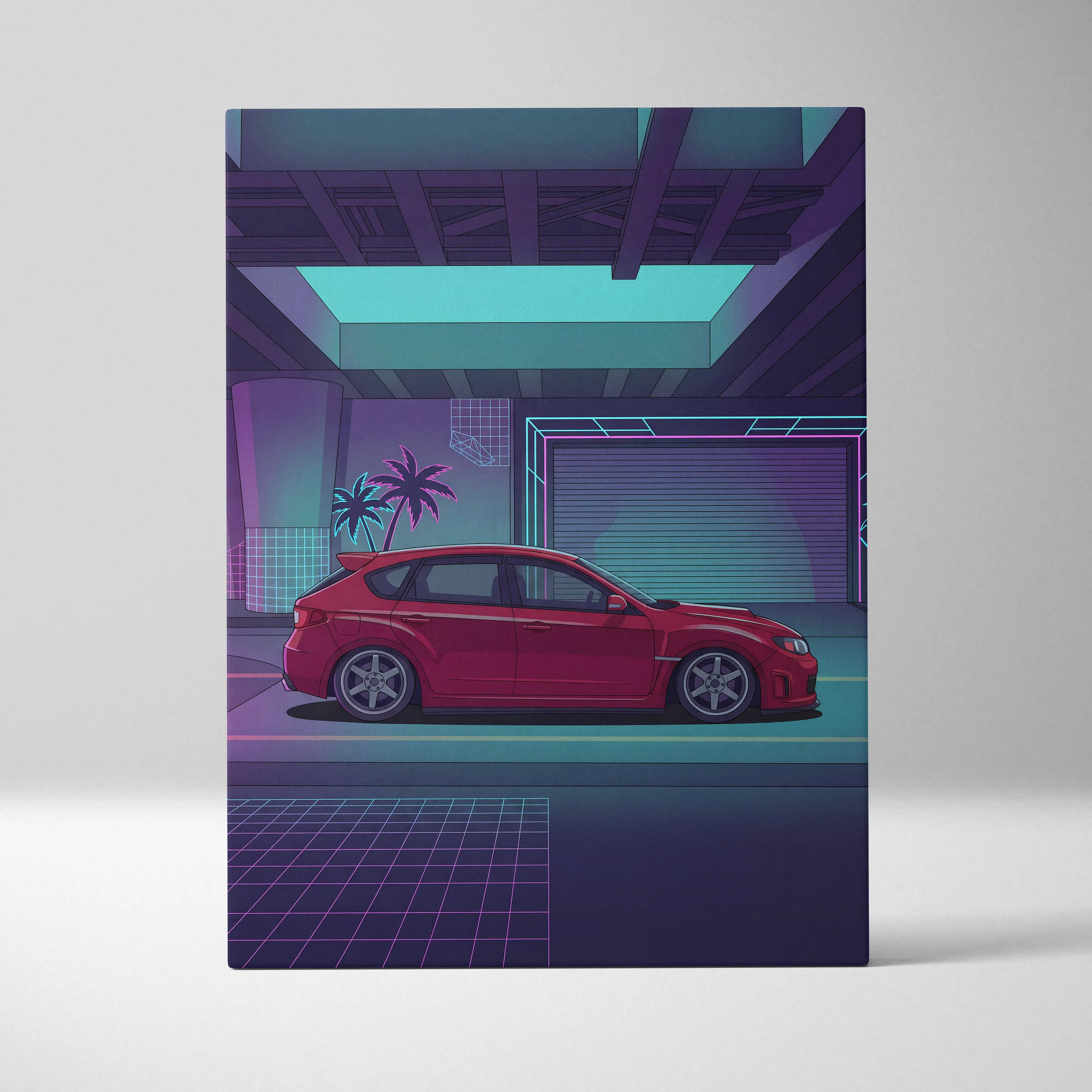 Subaru WRX STI Inspired Red Purple Canvas Wall Art Vaporwave JDM Hatchback Artwork Neon Garage Decor Retro Futuristic Tuner Print