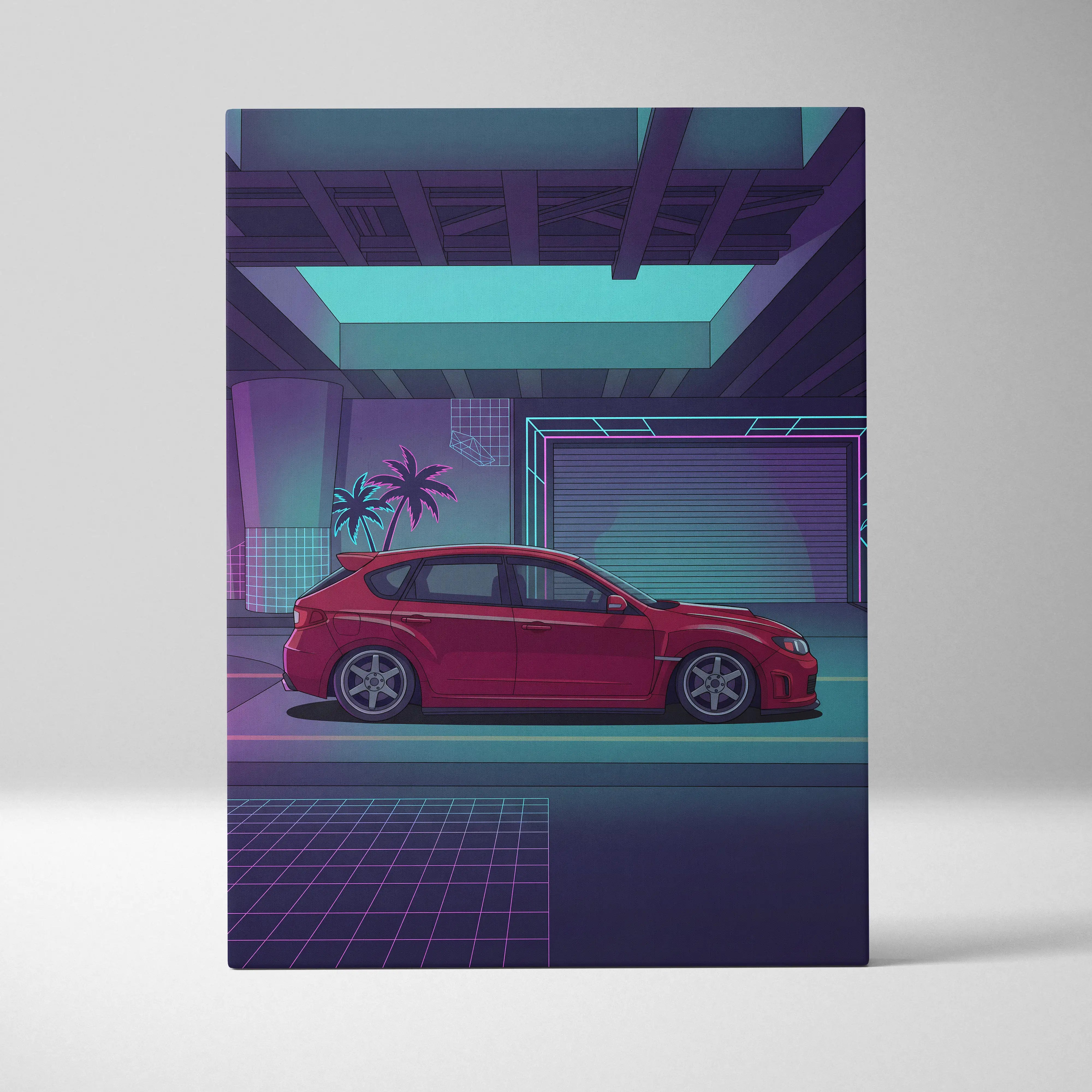 Subaru WRX STI Inspired Red Purple Canvas Wall Art Vaporwave JDM Hatchback Artwork Neon Garage Decor Retro Futuristic Tuner Print