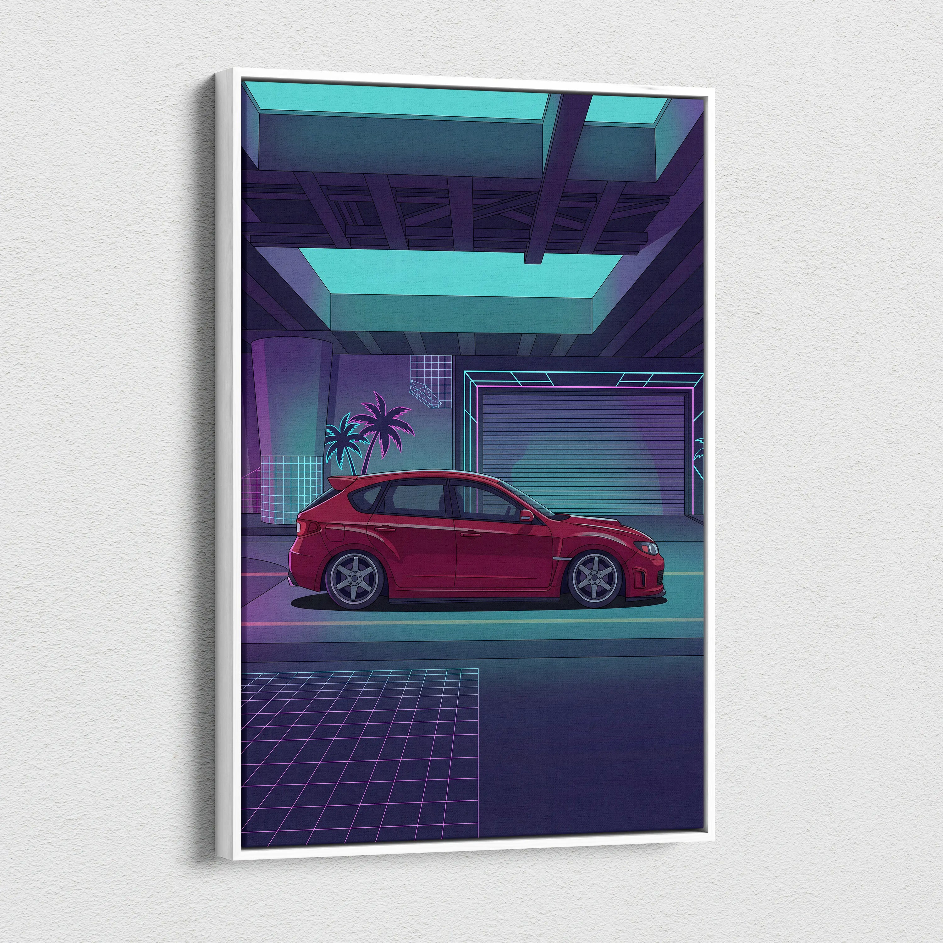 Subaru WRX STI Inspired Red Purple Canvas Wall Art Vaporwave JDM Hatchback Artwork Neon Garage Decor Retro Futuristic Tuner Print