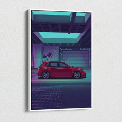 Subaru WRX STI Inspired Red Purple Canvas Wall Art Vaporwave JDM Hatchback Artwork Neon Garage Decor Retro Futuristic Tuner Print