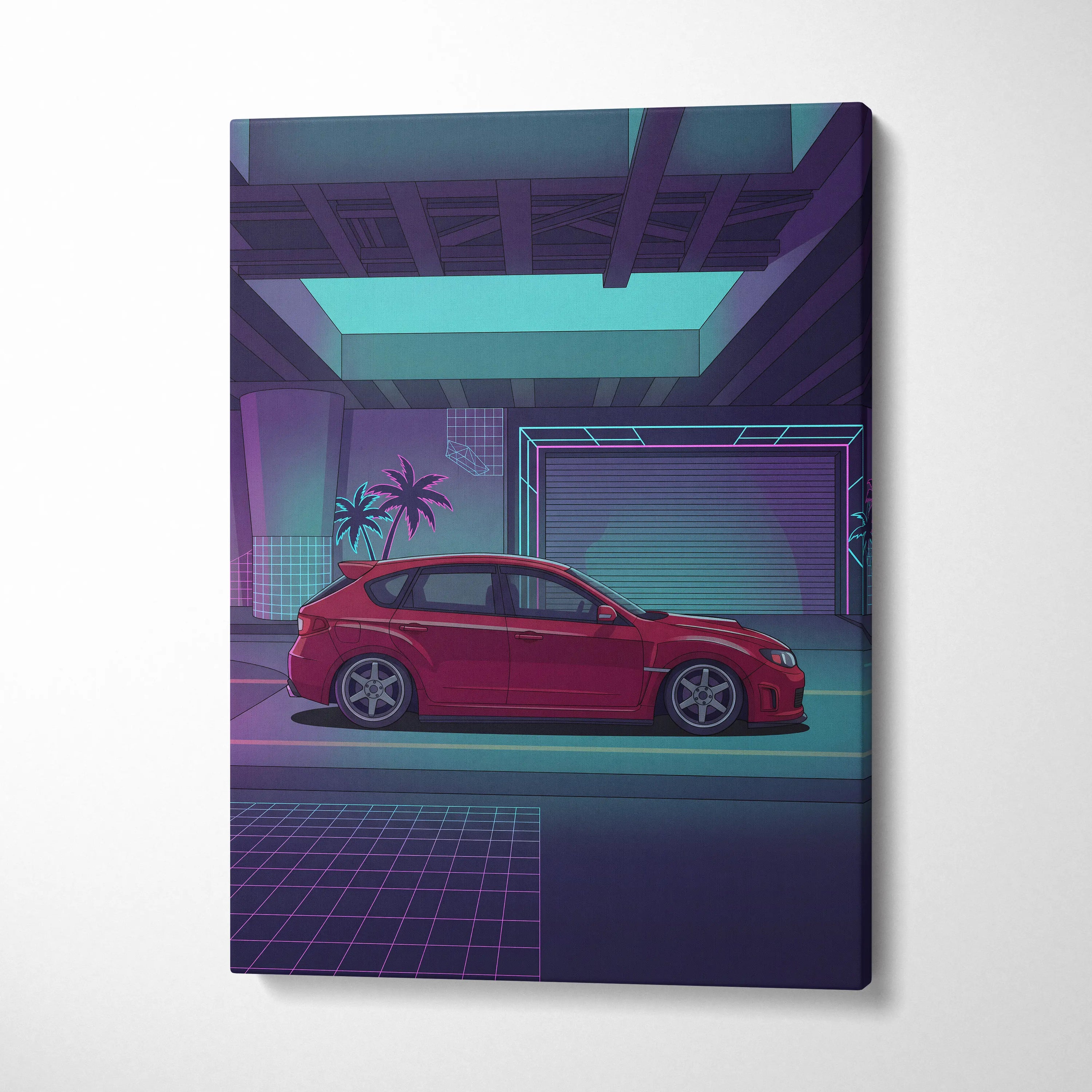 Subaru WRX STI Inspired Red Purple Canvas Wall Art Vaporwave JDM Hatchback Artwork Neon Garage Decor Retro Futuristic Tuner Print