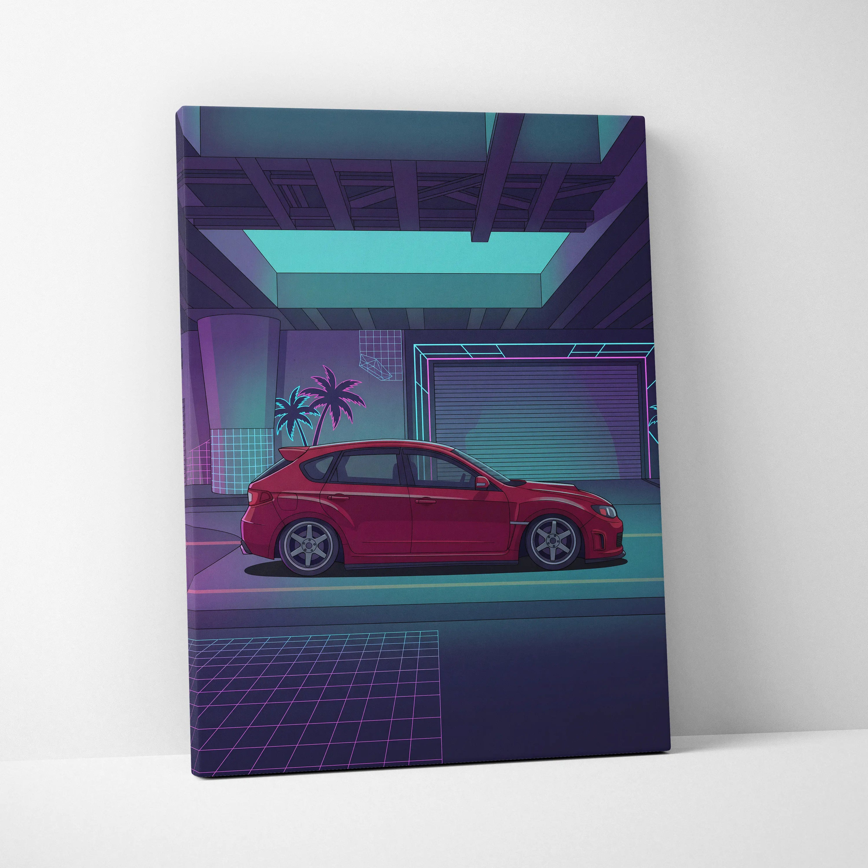 Subaru WRX STI Inspired Red Purple Canvas Wall Art Vaporwave JDM Hatchback Artwork Neon Garage Decor Retro Futuristic Tuner Print