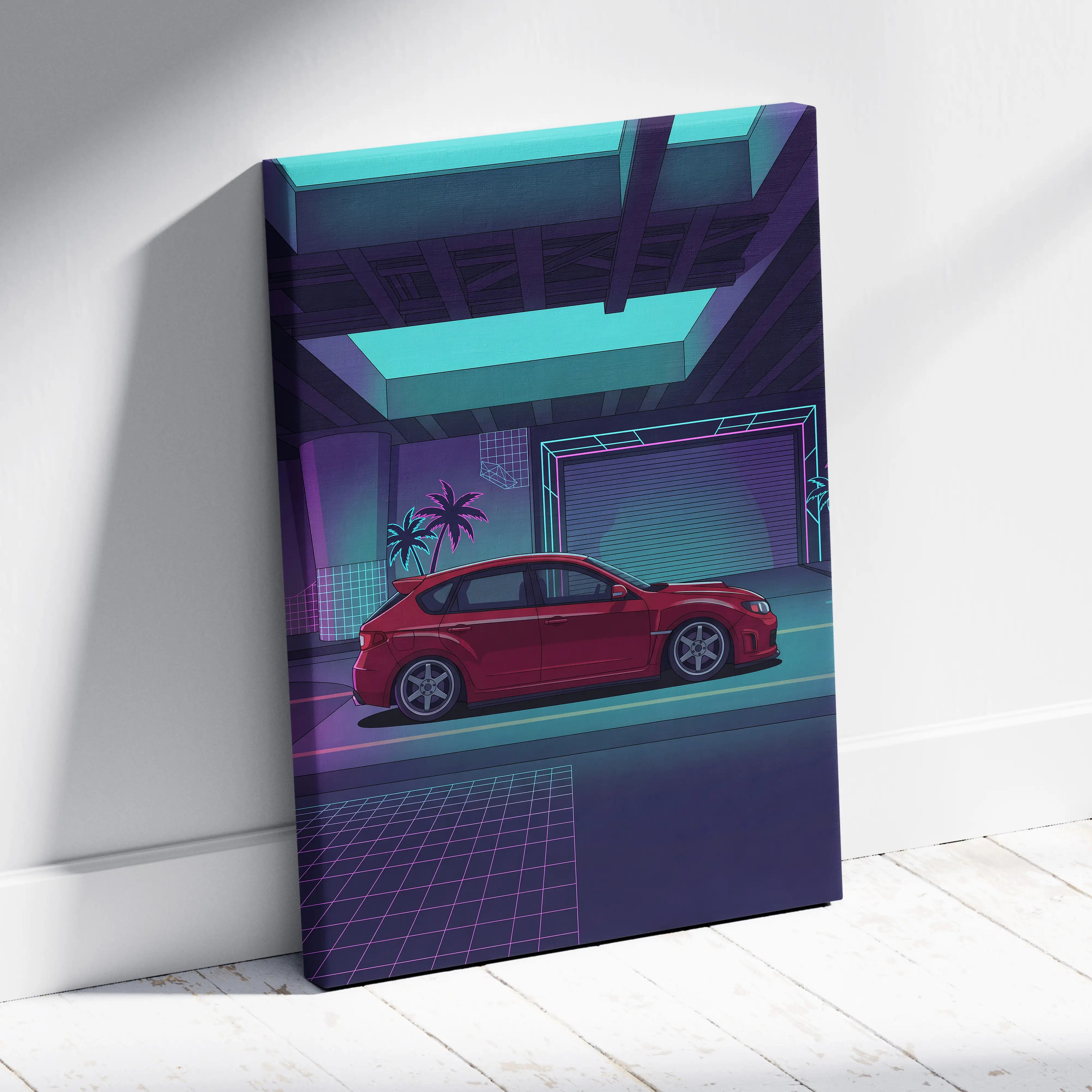 Subaru WRX STI Inspired Red Purple Canvas Wall Art Vaporwave JDM Hatchback Artwork Neon Garage Decor Retro Futuristic Tuner Print