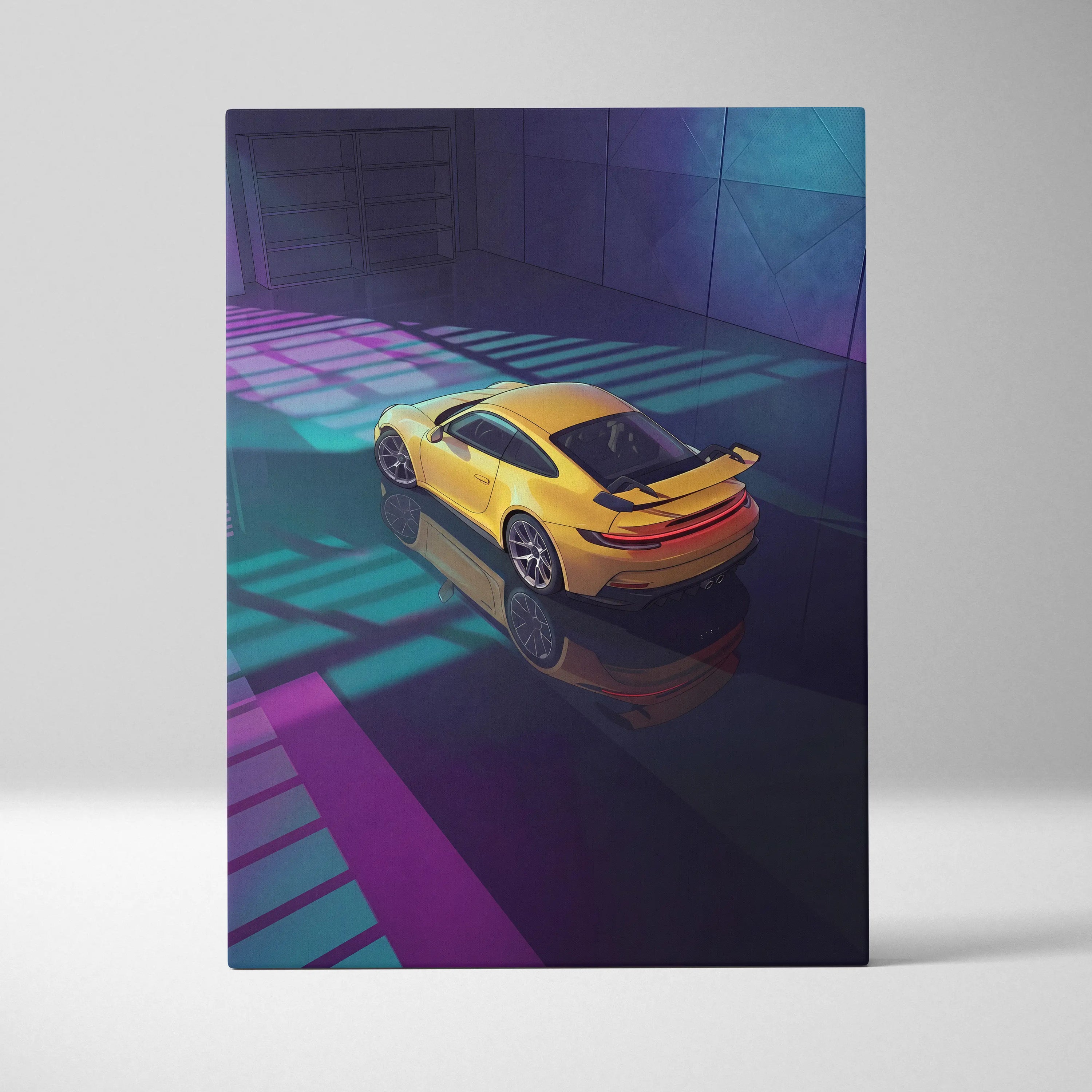 Porsche 911 GT3 RS Inspired Yellow Purple Canvas Wall Art Vaporwave Sports Car Artwork Neon Garage Decor Retro Futuristic Luxury Car Print