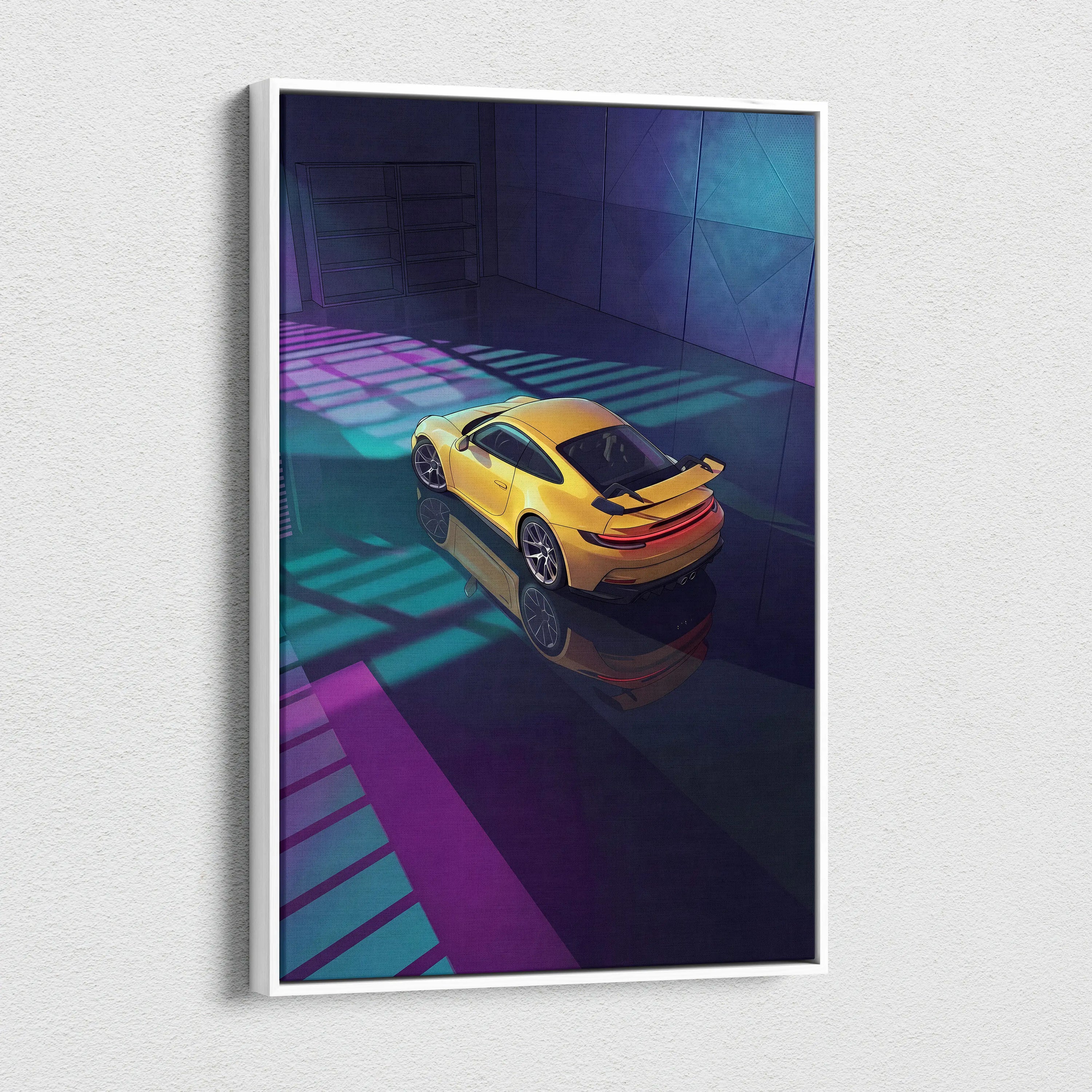 Porsche 911 GT3 RS Inspired Yellow Purple Canvas Wall Art Vaporwave Sports Car Artwork Neon Garage Decor Retro Futuristic Luxury Car Print