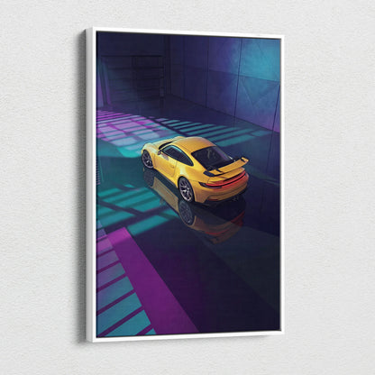 Porsche 911 GT3 RS Inspired Yellow Purple Canvas Wall Art Vaporwave Sports Car Artwork Neon Garage Decor Retro Futuristic Luxury Car Print
