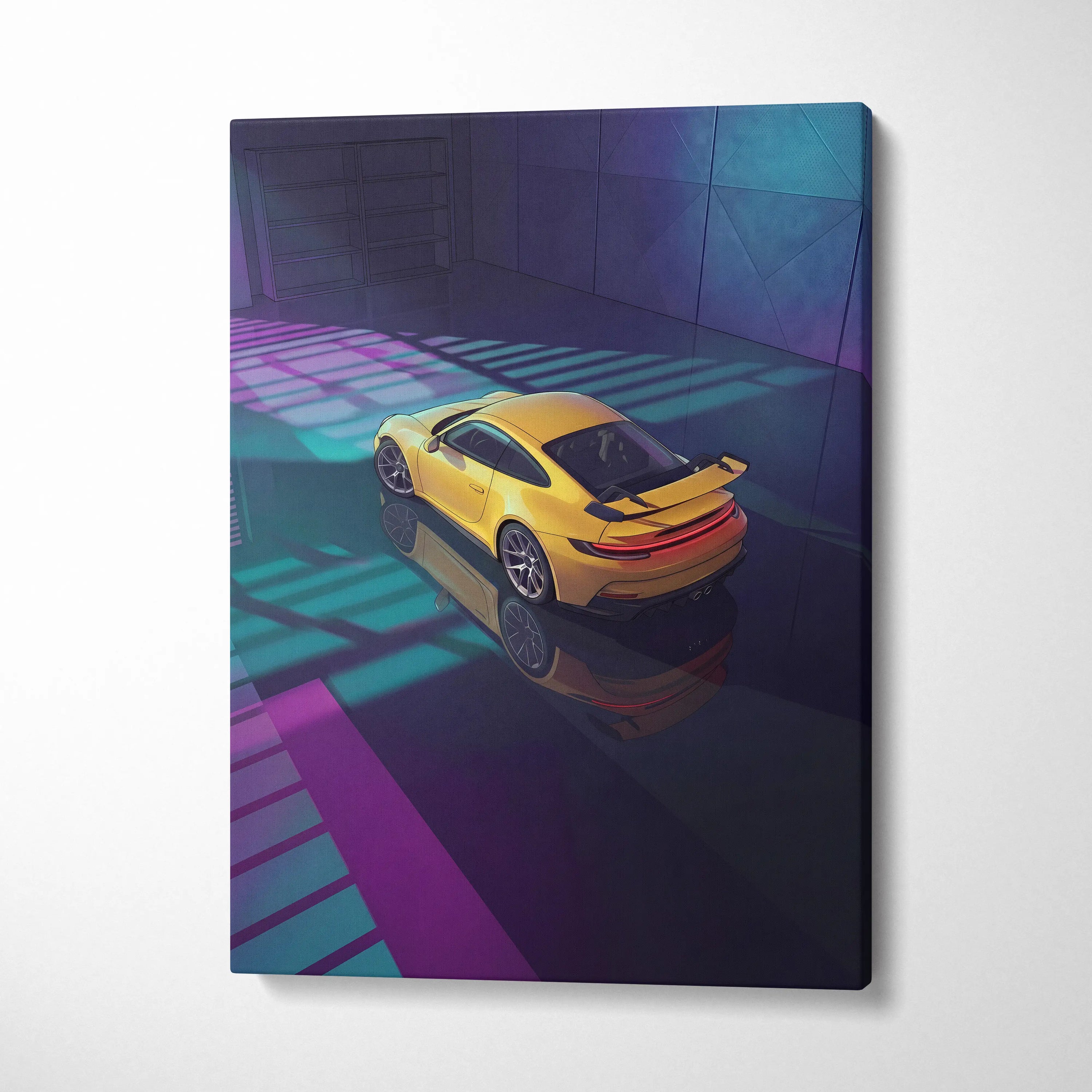 Porsche 911 GT3 RS Inspired Yellow Purple Canvas Wall Art Vaporwave Sports Car Artwork Neon Garage Decor Retro Futuristic Luxury Car Print