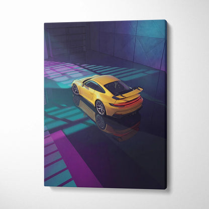Porsche 911 GT3 RS Inspired Yellow Purple Canvas Wall Art Vaporwave Sports Car Artwork Neon Garage Decor Retro Futuristic Luxury Car Print