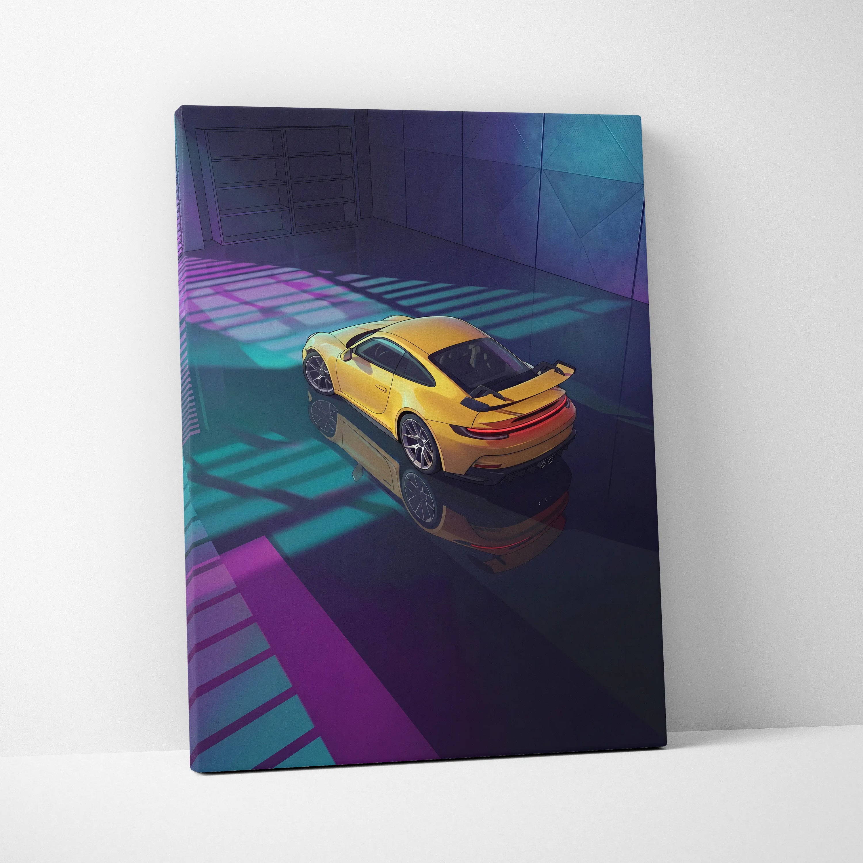 Porsche 911 GT3 RS Inspired Yellow Purple Canvas Wall Art Vaporwave Sports Car Artwork Neon Garage Decor Retro Futuristic Luxury Car Print