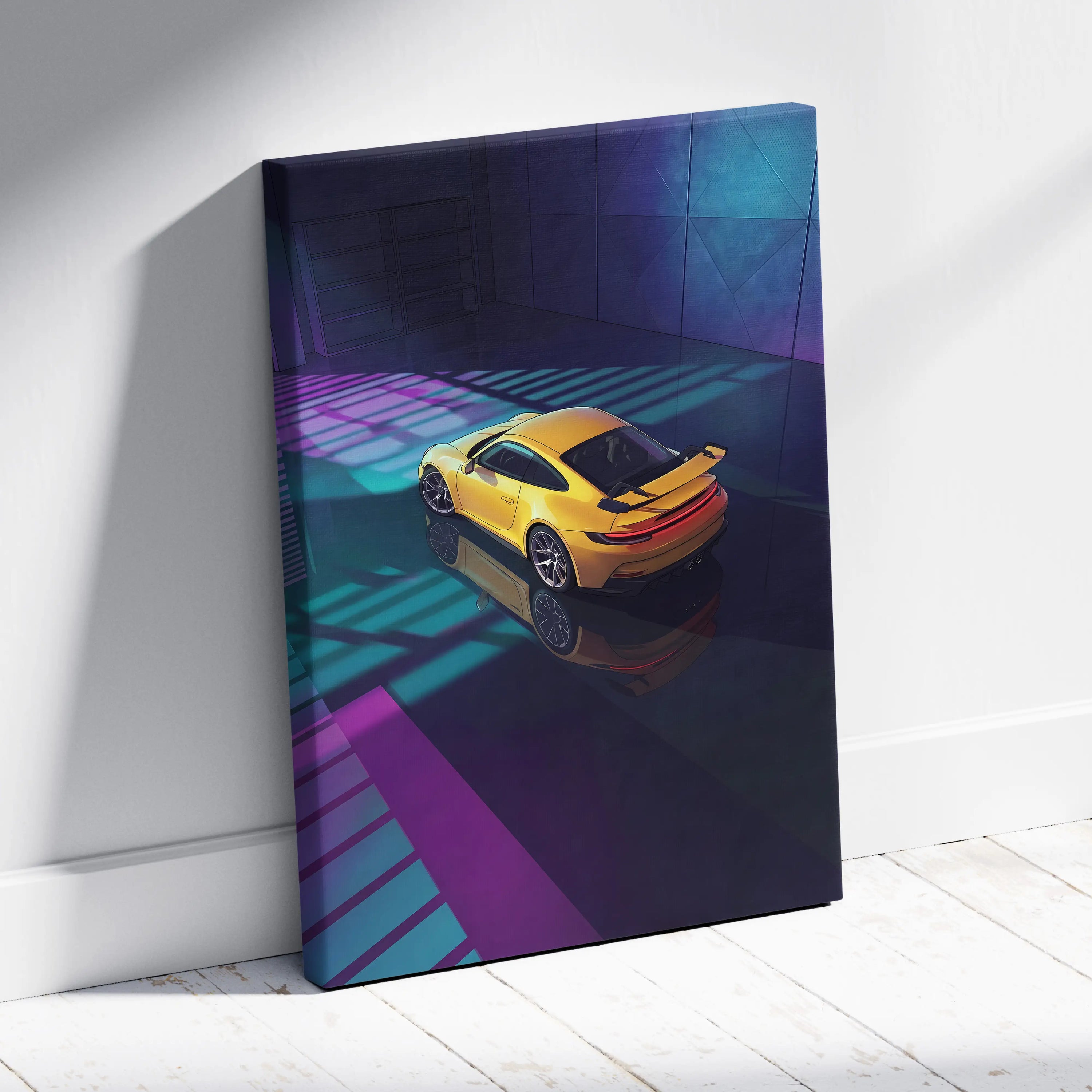 Porsche 911 GT3 RS Inspired Yellow Purple Canvas Wall Art Vaporwave Sports Car Artwork Neon Garage Decor Retro Futuristic Luxury Car Print