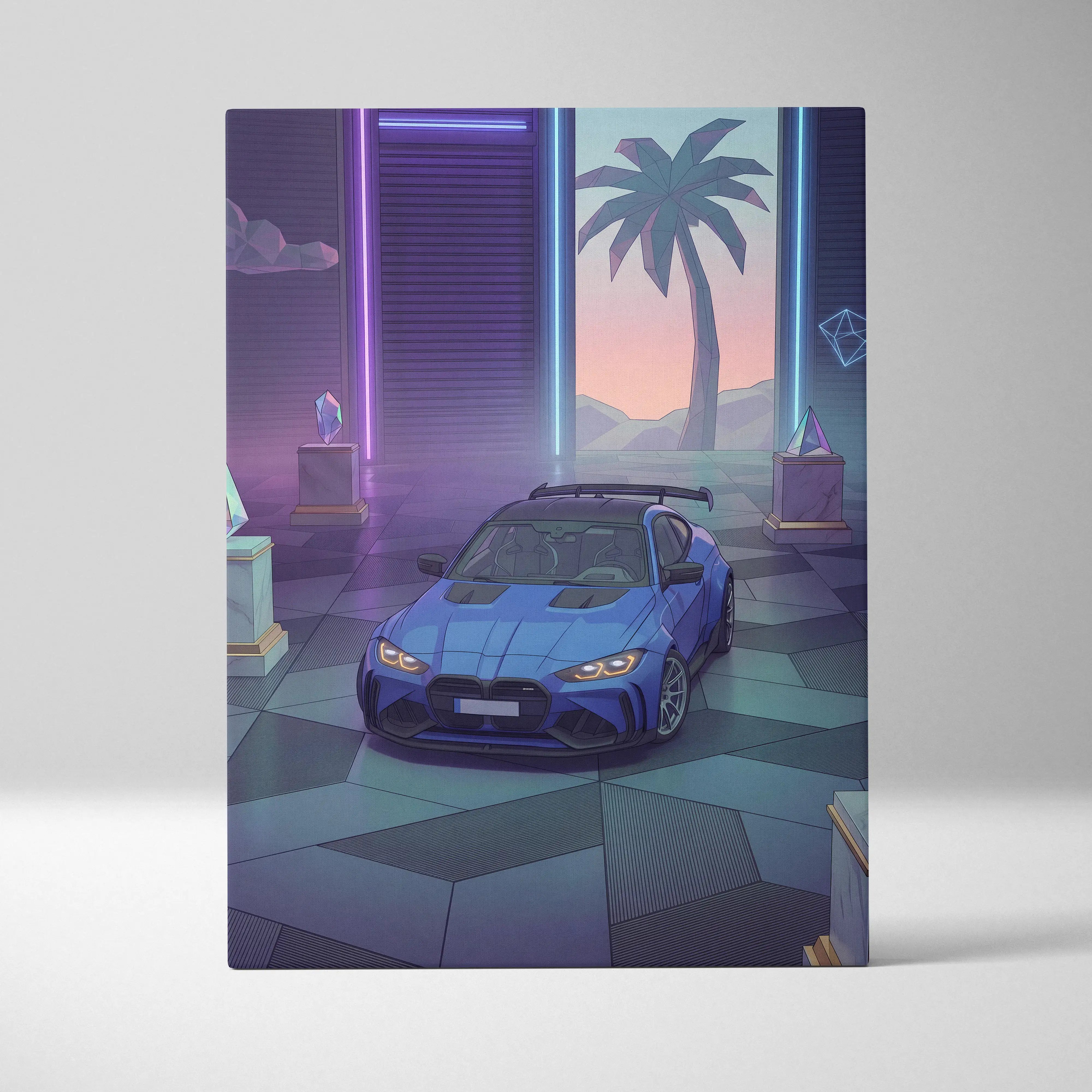 BMW M4 Inspired Blue Purple Canvas Wall Art Vaporwave Sports Car Artwork Neon Palm Garage Decor Retro Futuristic City Print