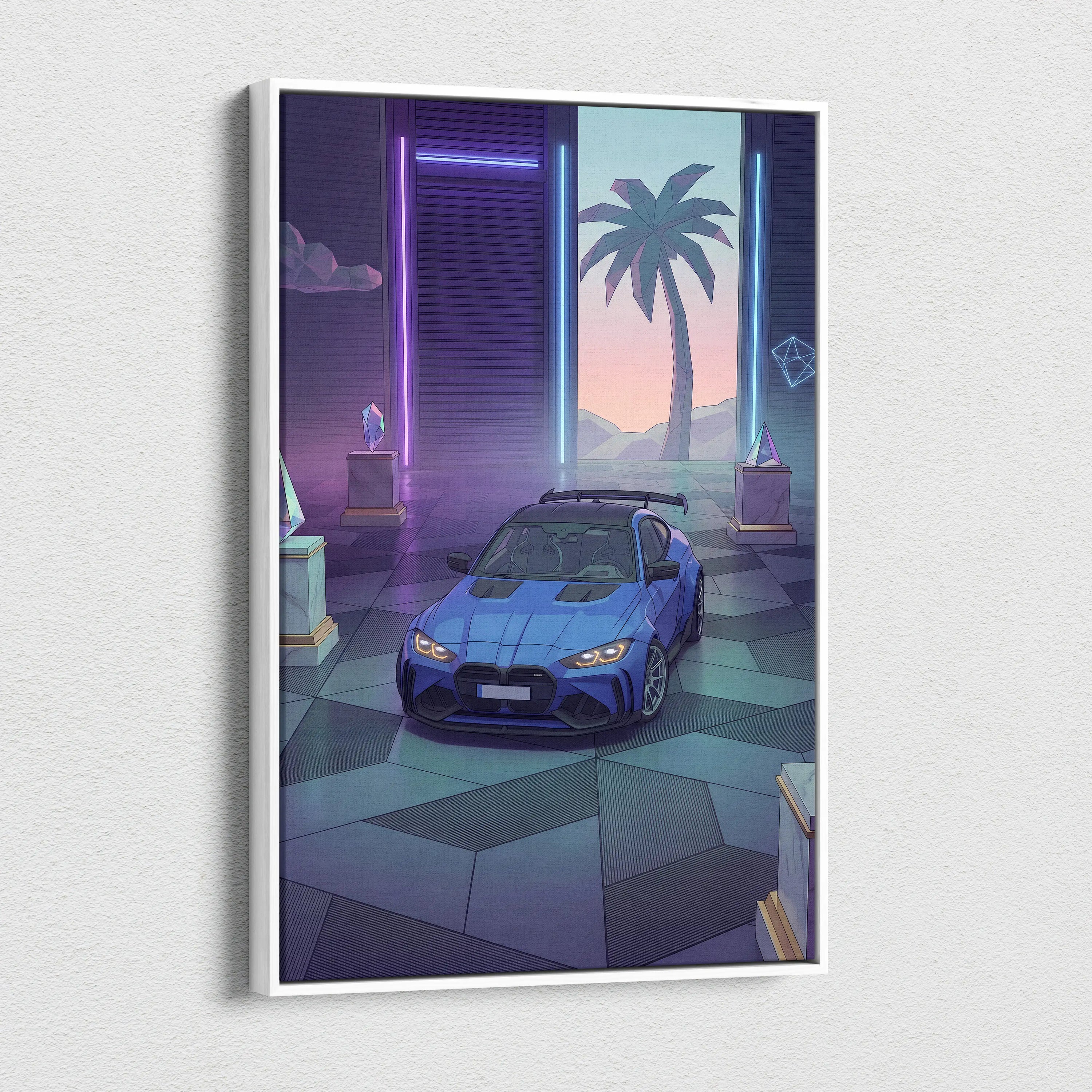 BMW M4 Inspired Blue Purple Canvas Wall Art Vaporwave Sports Car Artwork Neon Palm Garage Decor Retro Futuristic City Print