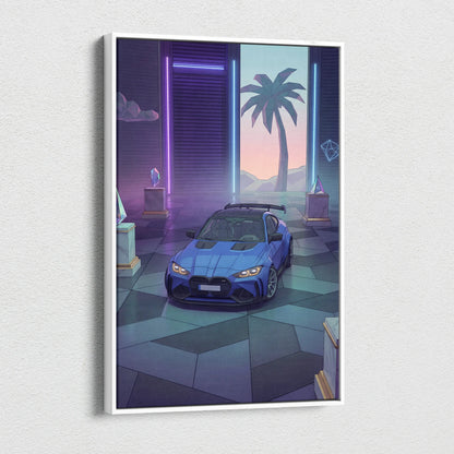 BMW M4 Inspired Blue Purple Canvas Wall Art Vaporwave Sports Car Artwork Neon Palm Garage Decor Retro Futuristic City Print