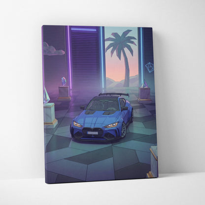 BMW M4 Inspired Blue Purple Canvas Wall Art Vaporwave Sports Car Artwork Neon Palm Garage Decor Retro Futuristic City Print