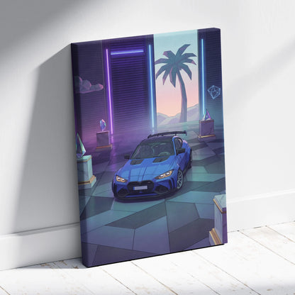 BMW M4 Inspired Blue Purple Canvas Wall Art Vaporwave Sports Car Artwork Neon Palm Garage Decor Retro Futuristic City Print