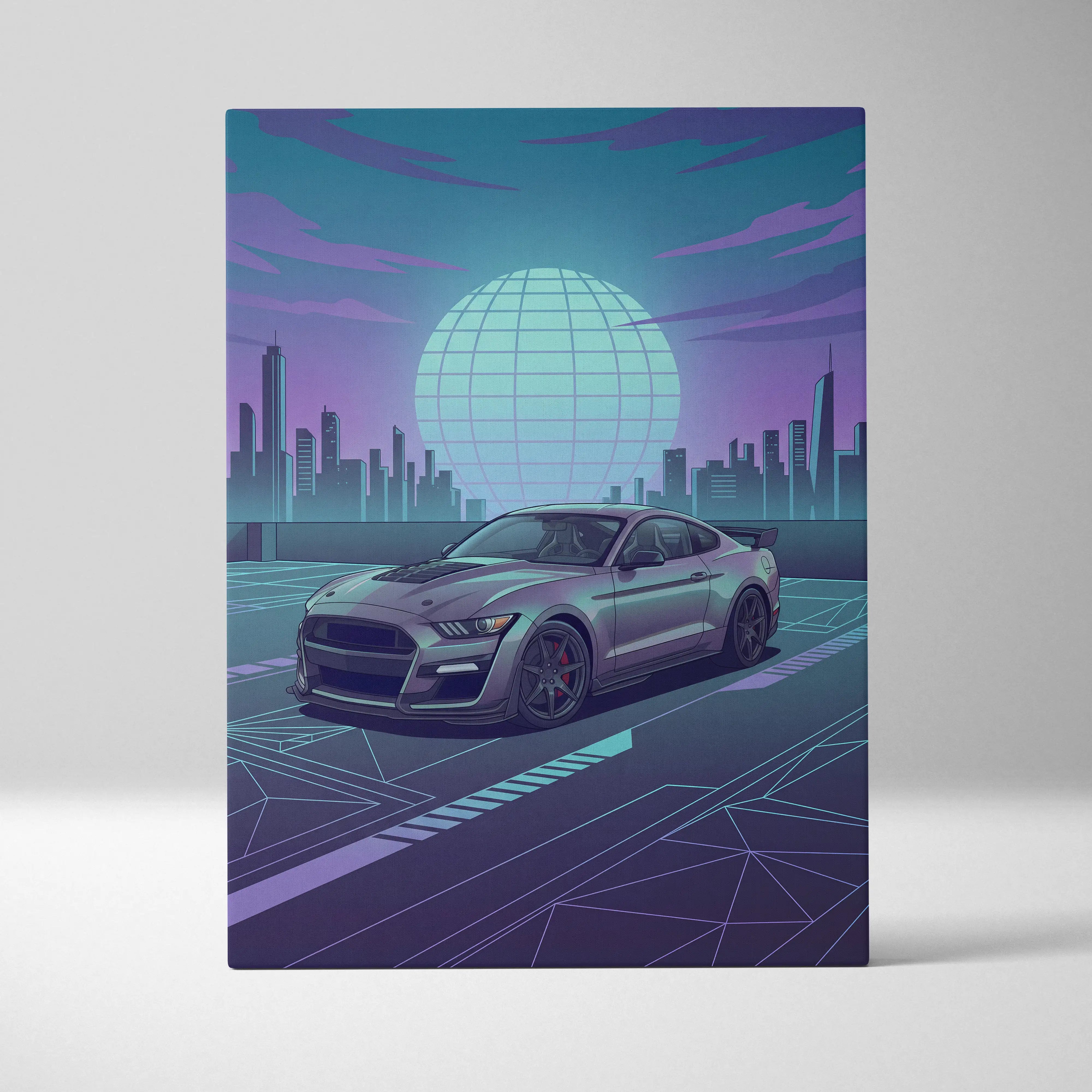 Ford Mustang Shelby GT500 Inspired Gray Teal Canvas Wall Art Vaporwave Muscle Car Artwork Neon City Garage Decor Futuristic Skyline Print