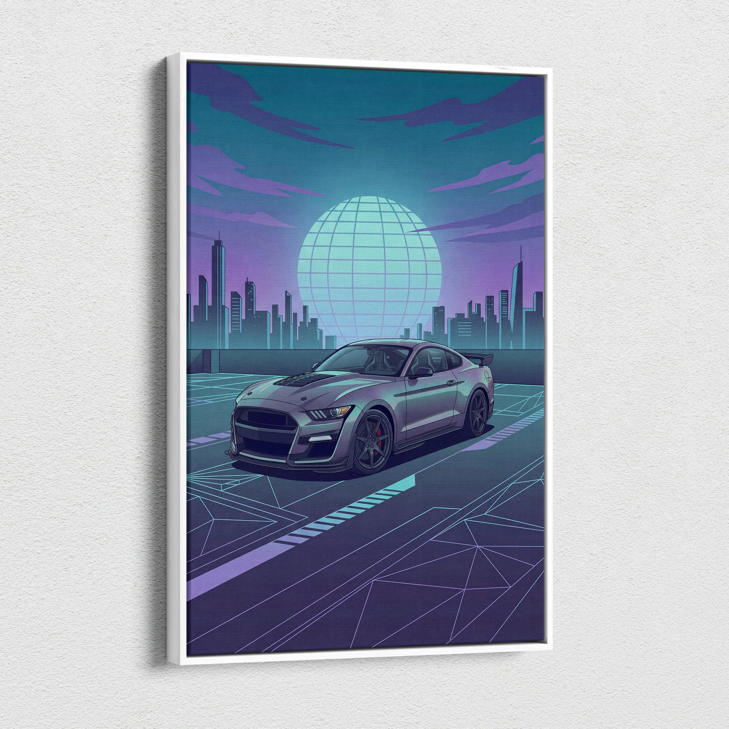 Ford Mustang Shelby GT500 Inspired Gray Teal Canvas Wall Art Vaporwave Muscle Car Artwork Neon City Garage Decor Futuristic Skyline Print