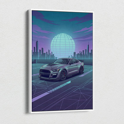 Ford Mustang Shelby GT500 Inspired Gray Teal Canvas Wall Art Vaporwave Muscle Car Artwork Neon City Garage Decor Futuristic Skyline Print