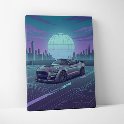Ford Mustang Shelby GT500 Inspired Gray Teal Canvas Wall Art Vaporwave Muscle Car Artwork Neon City Garage Decor Futuristic Skyline Print