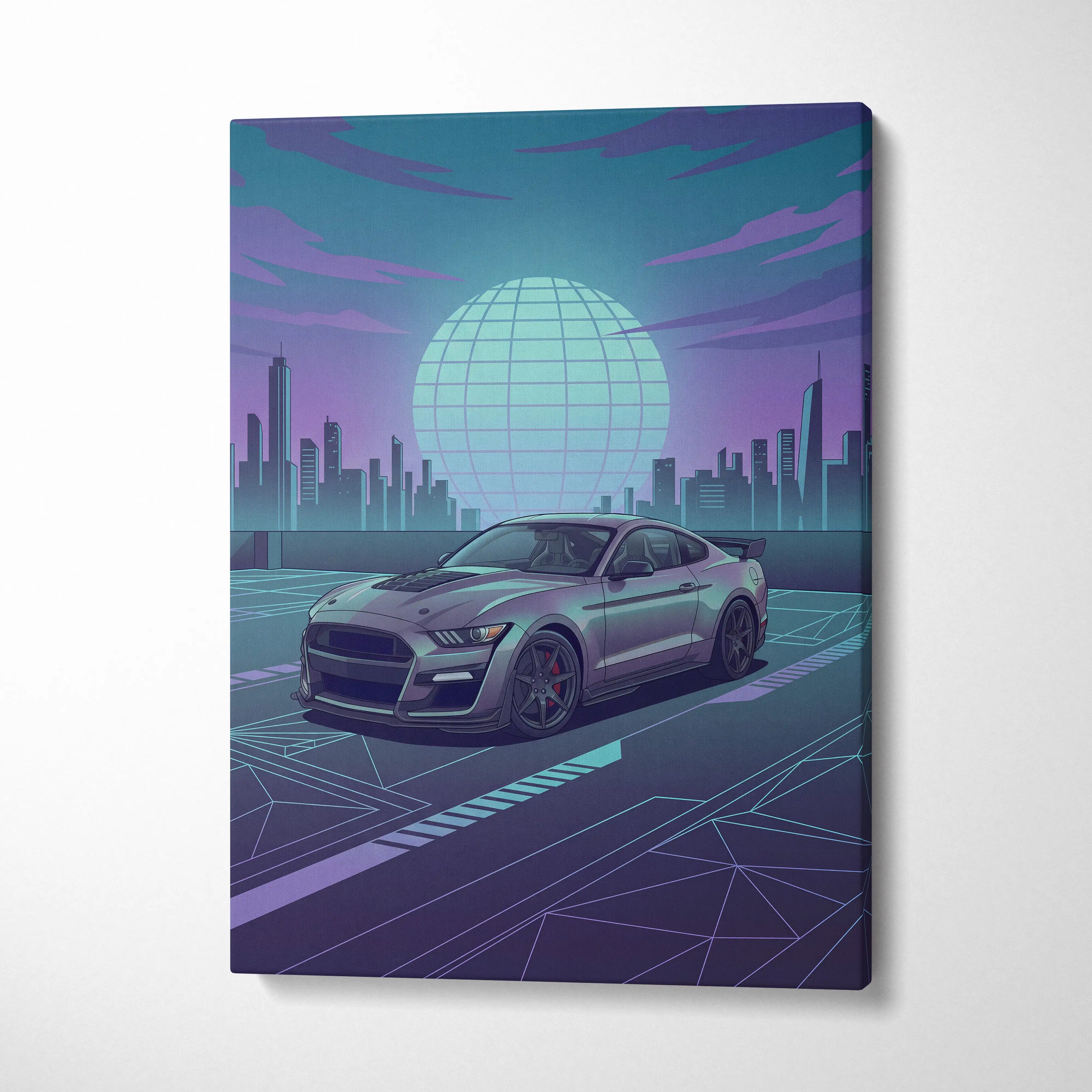 Ford Mustang Shelby GT500 Inspired Gray Teal Canvas Wall Art Vaporwave Muscle Car Artwork Neon City Garage Decor Futuristic Skyline Print