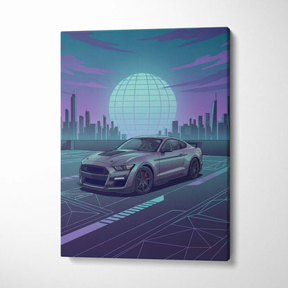 Ford Mustang Shelby GT500 Inspired Gray Teal Canvas Wall Art Vaporwave Muscle Car Artwork Neon City Garage Decor Futuristic Skyline Print