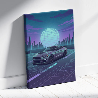 Ford Mustang Shelby GT500 Inspired Gray Teal Canvas Wall Art Vaporwave Muscle Car Artwork Neon City Garage Decor Futuristic Skyline Print