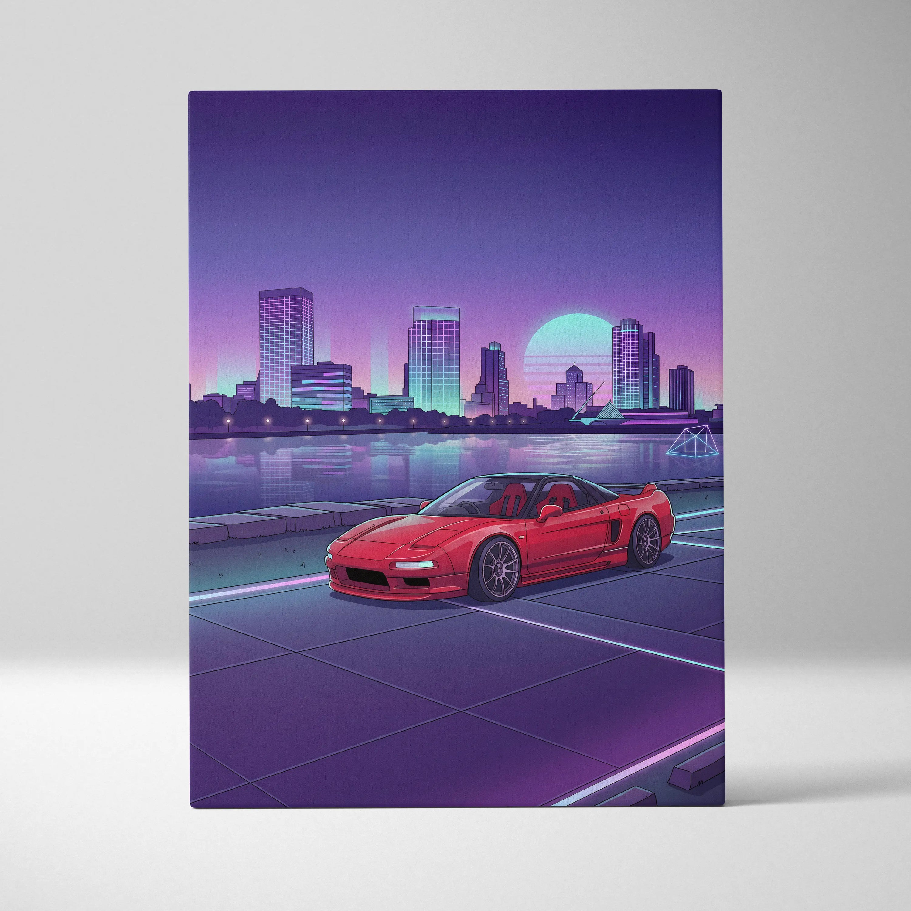 Acura NSX Inspired Red Purple Canvas Wall Art Vaporwave JDM Supercar Artwork Neon City Skyline Garage Decor Retro Futuristic Waterfront Print