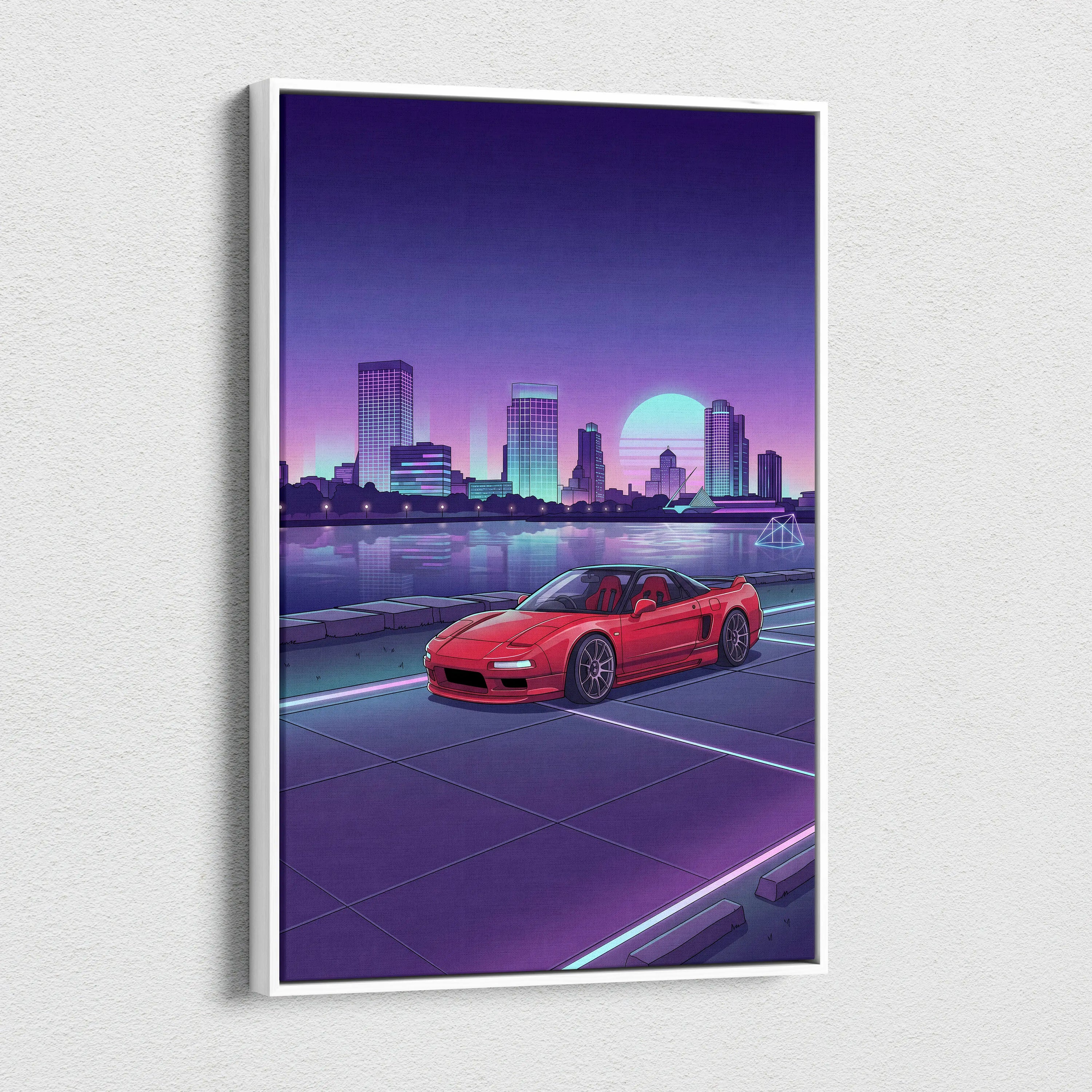 Acura NSX Inspired Red Purple Canvas Wall Art Vaporwave JDM Supercar Artwork Neon City Skyline Garage Decor Retro Futuristic Waterfront Print