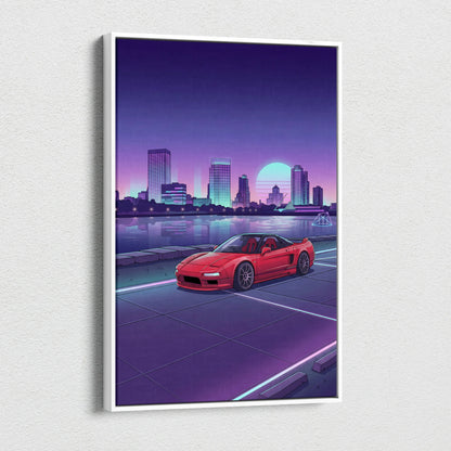 Acura NSX Inspired Red Purple Canvas Wall Art Vaporwave JDM Supercar Artwork Neon City Skyline Garage Decor Retro Futuristic Waterfront Print