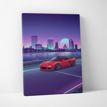 Acura NSX Inspired Red Purple Canvas Wall Art Vaporwave JDM Supercar Artwork Neon City Skyline Garage Decor Retro Futuristic Waterfront Print