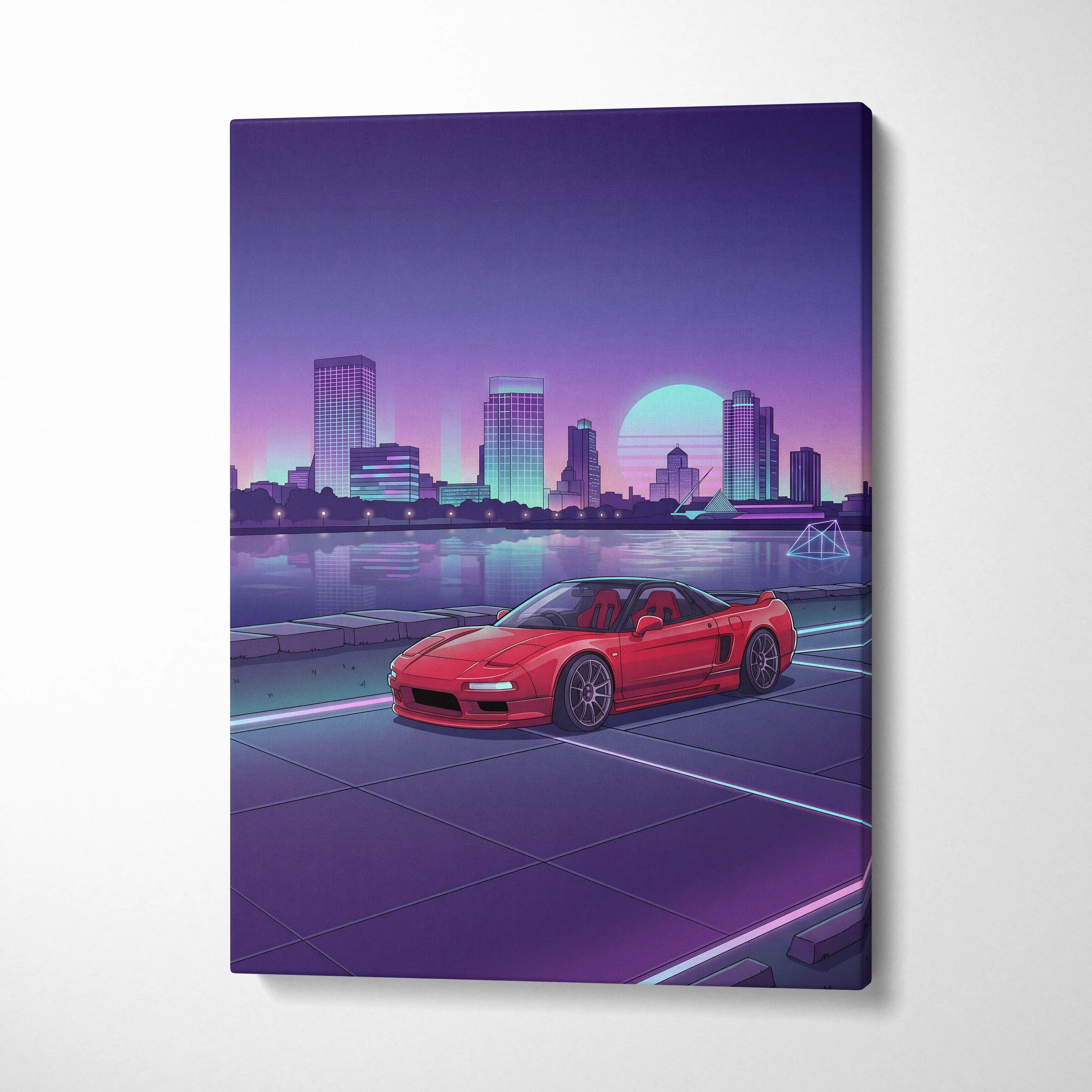 Acura NSX Inspired Red Purple Canvas Wall Art Vaporwave JDM Supercar Artwork Neon City Skyline Garage Decor Retro Futuristic Waterfront Print