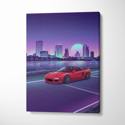 Acura NSX Inspired Red Purple Canvas Wall Art Vaporwave JDM Supercar Artwork Neon City Skyline Garage Decor Retro Futuristic Waterfront Print