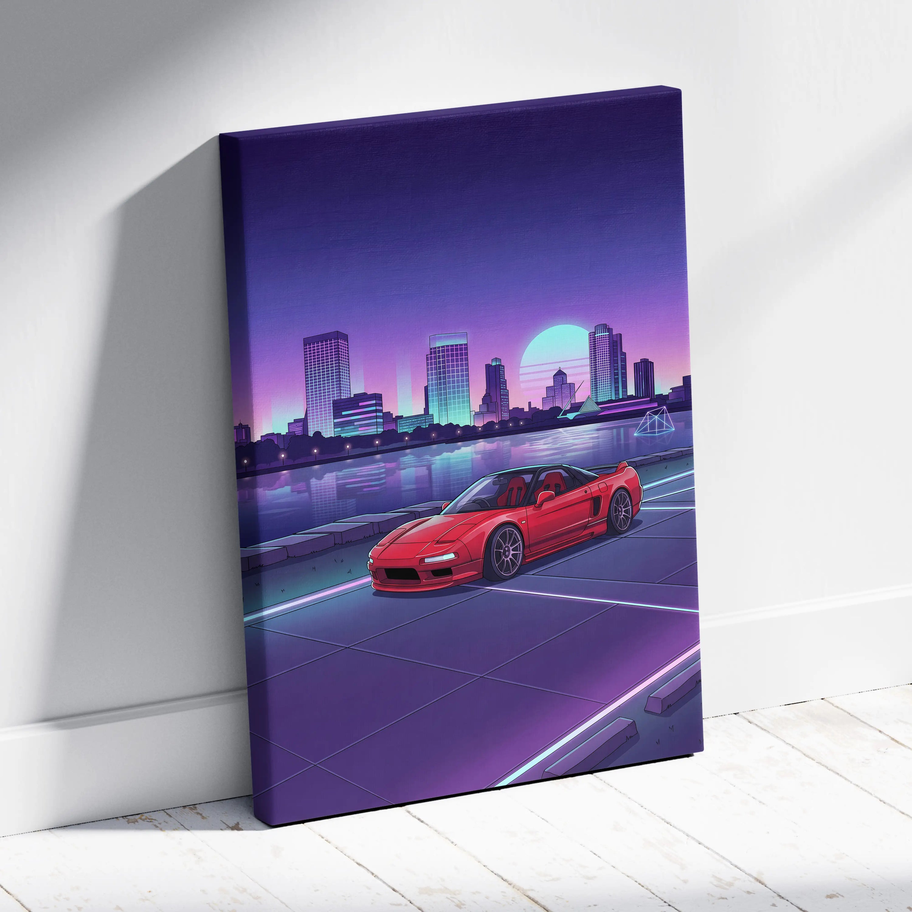 Acura NSX Inspired Red Purple Canvas Wall Art Vaporwave JDM Supercar Artwork Neon City Skyline Garage Decor Retro Futuristic Waterfront Print