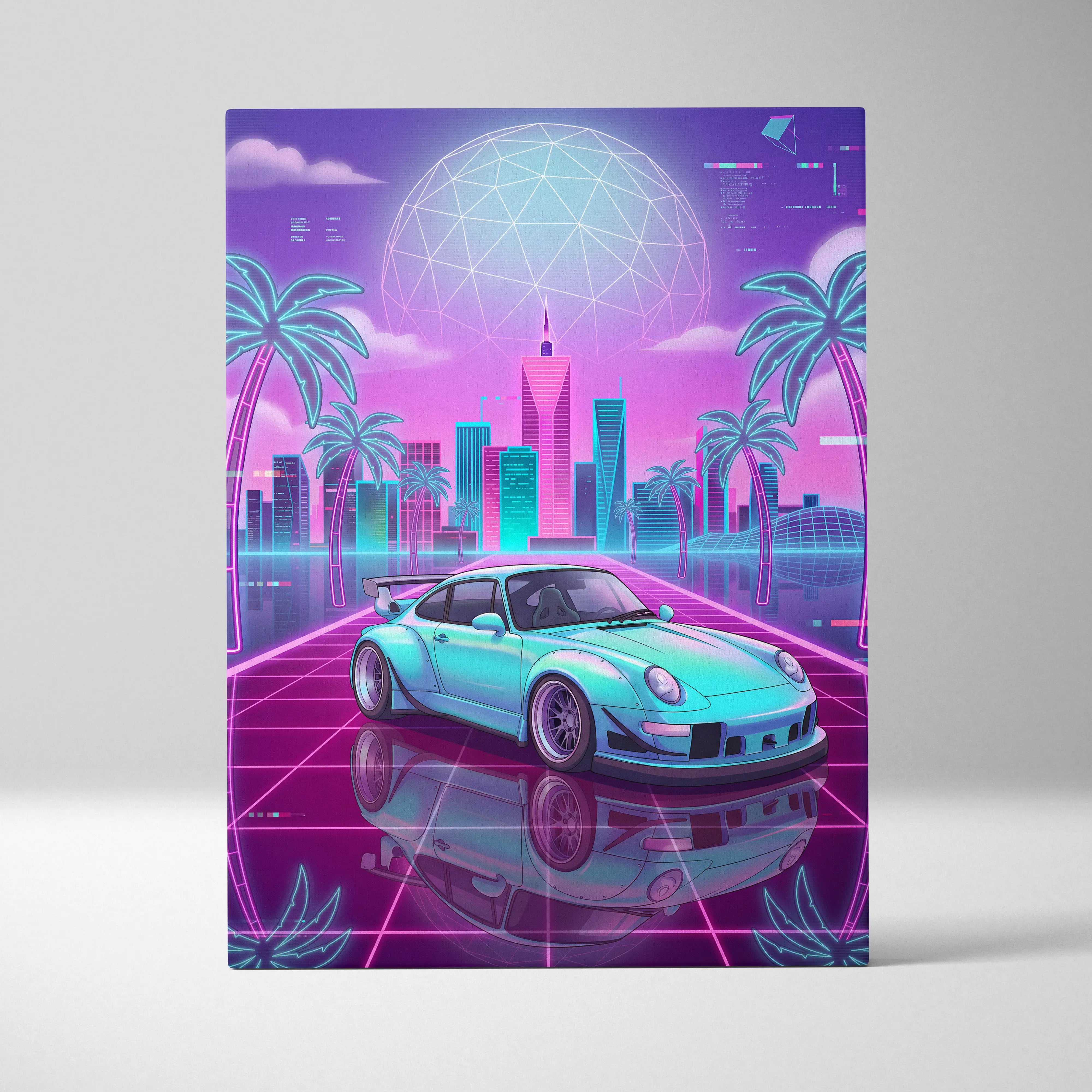 A turquoise neon-lit porsche sports car in a retro-futuristic cityscape on rwb porsche 911 vaporwave neon canvas