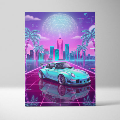 RWB Porsche 911 Inspired Vaporwave Neon City Canvas - Vaporwave Neon Art For Living Room, Retro Futurism, Gallery Print