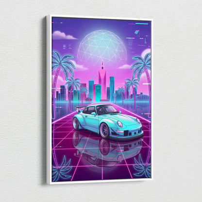 RWB Porsche 911 Inspired Vaporwave Neon City Canvas - Vaporwave Neon Art For Living Room, Retro Futurism, Gallery Print