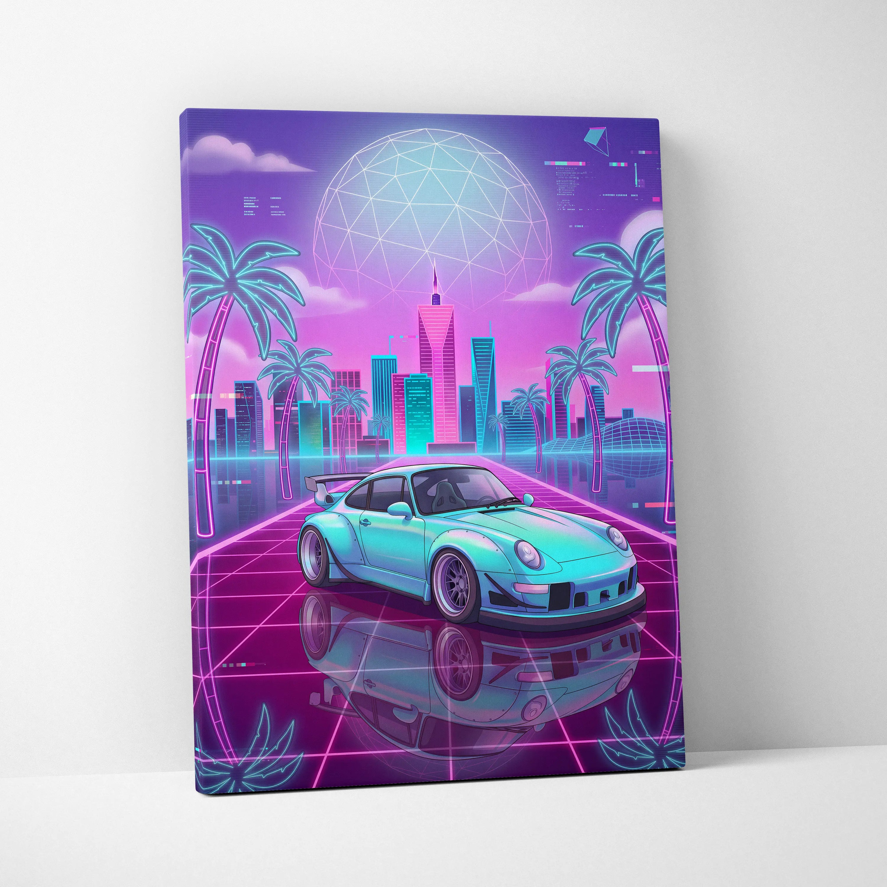 RWB Porsche 911 Inspired Vaporwave Neon City Canvas - Vaporwave Neon Art For Living Room, Retro Futurism, Gallery Print