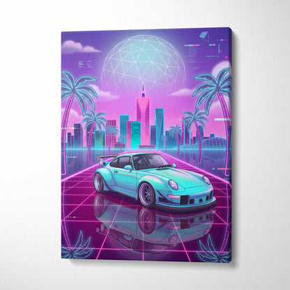 RWB Porsche 911 Inspired Vaporwave Neon City Canvas - Vaporwave Neon Art For Living Room, Retro Futurism, Gallery Print