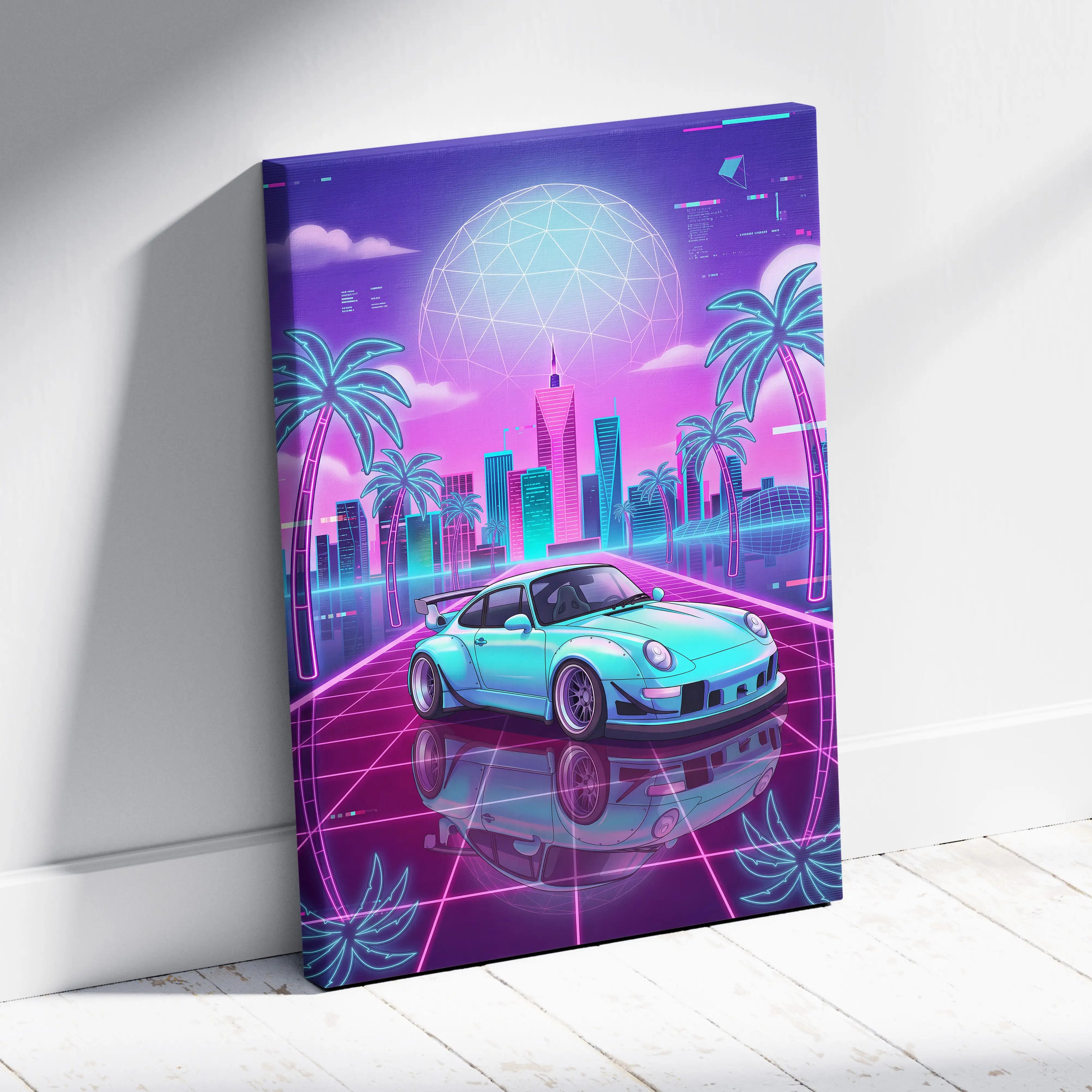 RWB Porsche 911 Inspired Vaporwave Neon City Canvas - Vaporwave Neon Art For Living Room, Retro Futurism, Gallery Print